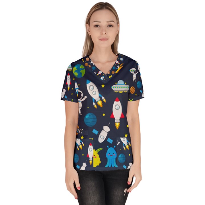 Big Set Cute Astronauts Space Planets Stars Aliens Rockets Ufo Constellations Satellite Moon Rover V Women s V-Neck Scrub Top