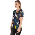 Big Set Cute Astronauts Space Planets Stars Aliens Rockets Ufo Constellations Satellite Moon Rover V Women s V-Neck Scrub Top View2