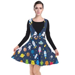 Big Set Cute Astronauts Space Planets Stars Aliens Rockets Ufo Constellations Satellite Moon Rover V Plunge Pinafore Dress by Nexatart