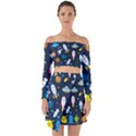 Big Set Cute Astronauts Space Planets Stars Aliens Rockets Ufo Constellations Satellite Moon Rover V Off Shoulder Top with Skirt Set View1