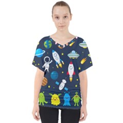 Big Set Cute Astronauts Space Planets Stars Aliens Rockets Ufo Constellations Satellite Moon Rover V V-neck Dolman Drape Top by Nexatart