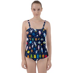 Big Set Cute Astronauts Space Planets Stars Aliens Rockets Ufo Constellations Satellite Moon Rover V Twist Front Tankini Set by Nexatart