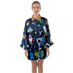 Big Set Cute Astronauts Space Planets Stars Aliens Rockets Ufo Constellations Satellite Moon Rover V Long Sleeve Satin Kimono by Nexatart