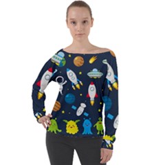 Big Set Cute Astronauts Space Planets Stars Aliens Rockets Ufo Constellations Satellite Moon Rover V Off Shoulder Long Sleeve Velour Top