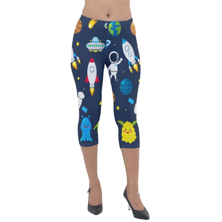 Big Set Cute Astronauts Space Planets Stars Aliens Rockets Ufo Constellations Satellite Moon Rover V Lightweight Velour Capri Leggings 