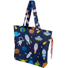 Big Set Cute Astronauts Space Planets Stars Aliens Rockets Ufo Constellations Satellite Moon Rover V Drawstring Tote Bag by Nexatart