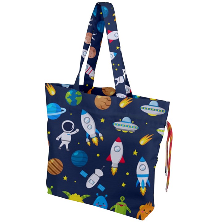 Big Set Cute Astronauts Space Planets Stars Aliens Rockets Ufo Constellations Satellite Moon Rover V Drawstring Tote Bag