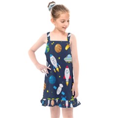 Big Set Cute Astronauts Space Planets Stars Aliens Rockets Ufo Constellations Satellite Moon Rover V Kids  Overall Dress by Nexatart