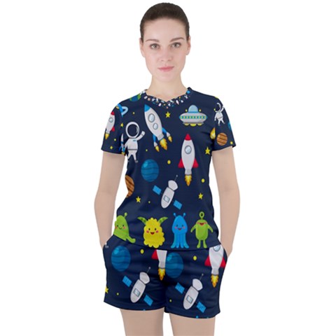 Big Set Cute Astronauts Space Planets Stars Aliens Rockets Ufo Constellations Satellite Moon Rover V Women s Tee And Shorts Set by Nexatart