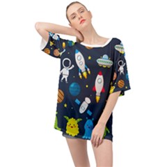 Big Set Cute Astronauts Space Planets Stars Aliens Rockets Ufo Constellations Satellite Moon Rover V Oversized Chiffon Top by Nexatart