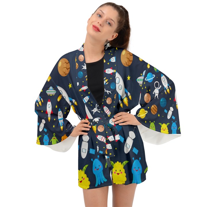 Big Set Cute Astronauts Space Planets Stars Aliens Rockets Ufo Constellations Satellite Moon Rover V Long Sleeve Kimono