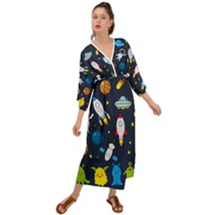 Big Set Cute Astronauts Space Planets Stars Aliens Rockets Ufo Constellations Satellite Moon Rover V Grecian Style  Maxi Dress