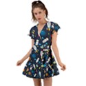 Big Set Cute Astronauts Space Planets Stars Aliens Rockets Ufo Constellations Satellite Moon Rover V Flutter Sleeve Wrap Dress View1