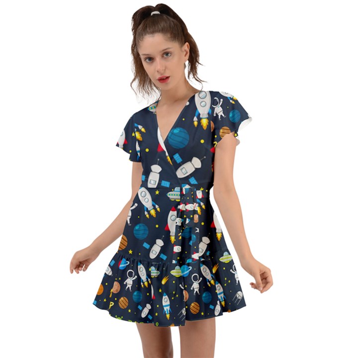 Big Set Cute Astronauts Space Planets Stars Aliens Rockets Ufo Constellations Satellite Moon Rover V Flutter Sleeve Wrap Dress