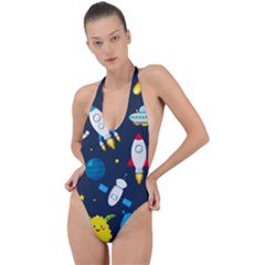 Big Set Cute Astronauts Space Planets Stars Aliens Rockets Ufo Constellations Satellite Moon Rover V Backless Halter One Piece Swimsuit