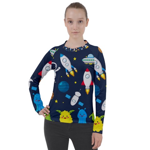 Big Set Cute Astronauts Space Planets Stars Aliens Rockets Ufo Constellations Satellite Moon Rover V Women s Pique Long Sleeve Tee by Nexatart