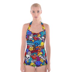 Graffiti Characters Seamless Pattern Boyleg Halter Swimsuit  by Nexatart