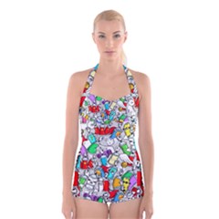 Graffiti Characters Seamless Pattern Boyleg Halter Swimsuit  by Nexatart