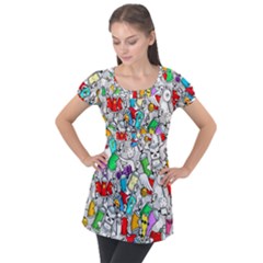 Graffiti Characters Seamless Pattern Puff Sleeve Tunic Top by Nexatart