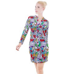 Graffiti Characters Seamless Pattern Button Long Sleeve Dress by Nexatart