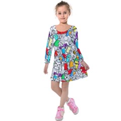 Graffiti Characters Seamless Pattern Kids  Long Sleeve Velvet Dress by Nexatart