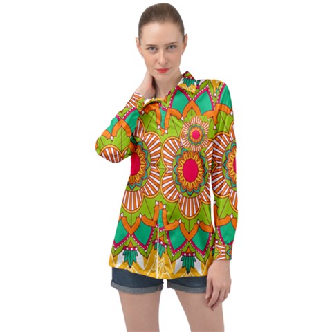 Mandala Patterns Yellow Long Sleeve Satin Shirt by Nexatart