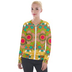 Mandala Patterns Yellow Velour Zip Up Jacket by Nexatart