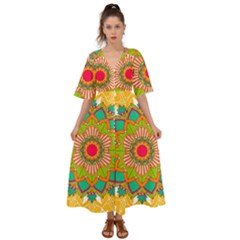 Mandala Patterns Yellow Kimono Sleeve Boho Dress