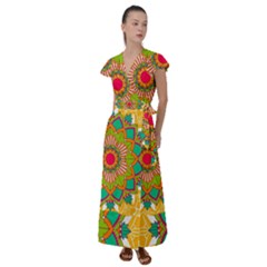 Mandala Patterns Yellow Flutter Sleeve Maxi Dress