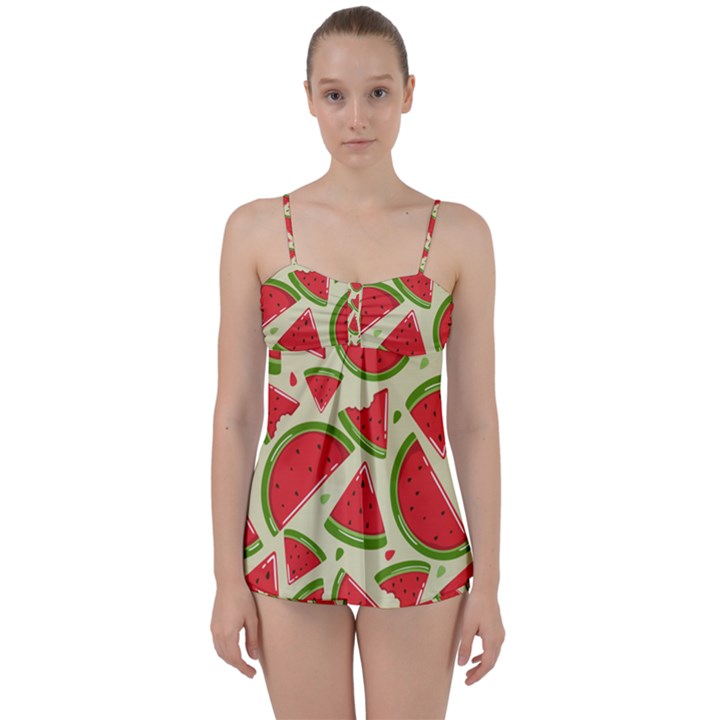 Cute Watermelon Seamless Pattern Babydoll Tankini Set