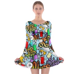 Graffiti Characters Seamless Patternm Long Sleeve Skater Dress