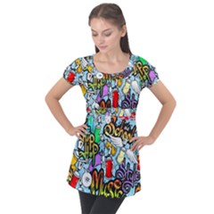 Graffiti Characters Seamless Patternm Puff Sleeve Tunic Top by Nexatart