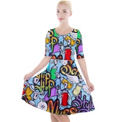 Graffiti Characters Seamless Patternm Quarter Sleeve A-line Dress by Nexatart