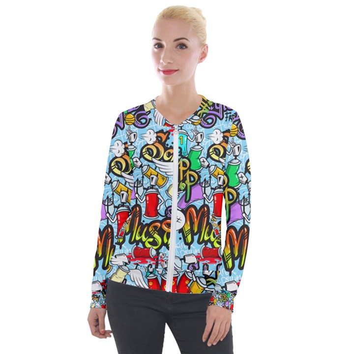 Graffiti Characters Seamless Patternm Velour Zip Up Jacket