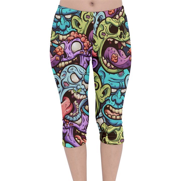 Zombie Heads Pattern Velvet Capri Leggings 