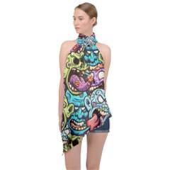 Zombie Heads Pattern Halter Asymmetric Satin Top by Nexatart