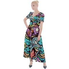 Zombie Heads Pattern Button Up Short Sleeve Maxi Dress