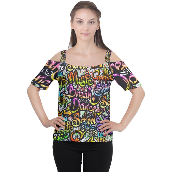 Graffiti Word Seamless Pattern Cutout Shoulder Tee