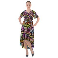 Graffiti Word Seamless Pattern Front Wrap High Low Dress by Nexatart