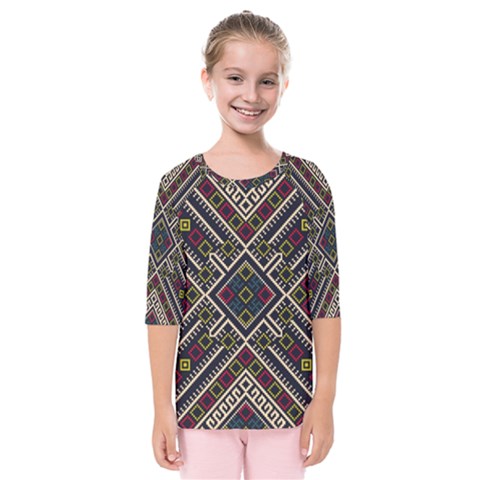 Zentangle Style Geometric Ornament Pattern Kids  Quarter Sleeve Raglan Tee by Nexatart