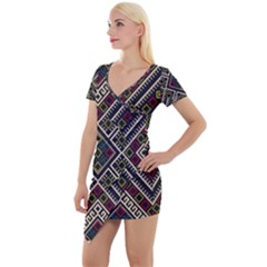 Zentangle Style Geometric Ornament Pattern Short Sleeve Asymmetric Mini Dress by Nexatart