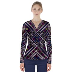 Zentangle Style Geometric Ornament Pattern V-neck Long Sleeve Top by Nexatart