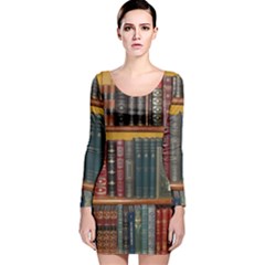 Books Library Bookshelf Bookshop Long Sleeve Velvet Bodycon Dress