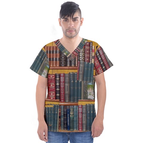 Books Library Bookshelf Bookshop Men s V-neck Scrub Top by Nexatart