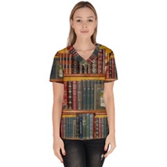 Books Library Bookshelf Bookshop Women s V-neck Scrub Top by Nexatart