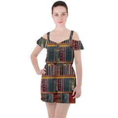 Books Library Bookshelf Bookshop Ruffle Cut Out Chiffon Playsuit by Nexatart