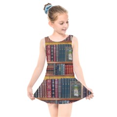 Books Library Bookshelf Bookshop Kids  Skater Dress Swimsuit by Nexatart