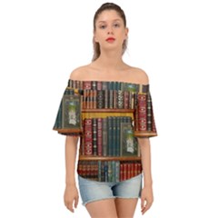 Books Library Bookshelf Bookshop Off Shoulder Short Sleeve Top by Nexatart