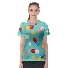 Pills Medicines Seamless Pattern Blue Background Women s Sport Mesh Tee