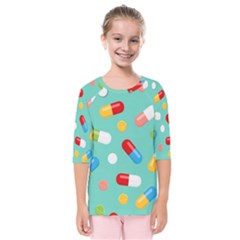 Pills Medicines Seamless Pattern Blue Background Kids  Quarter Sleeve Raglan Tee